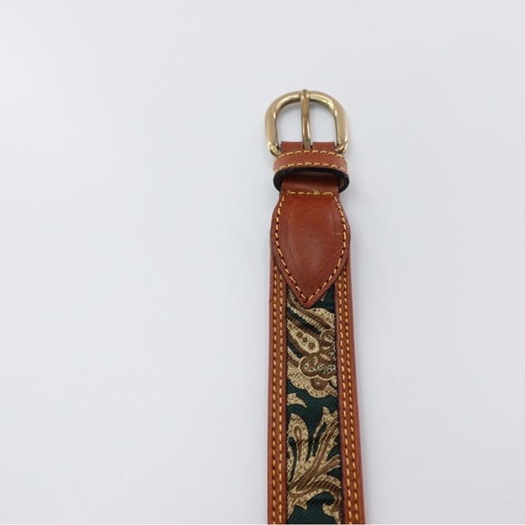 Leather Belt w/ Paisley Print Ribbon Overlay Green Tan Contrast Stitch Sz 85 cm - Picture 2 of 11